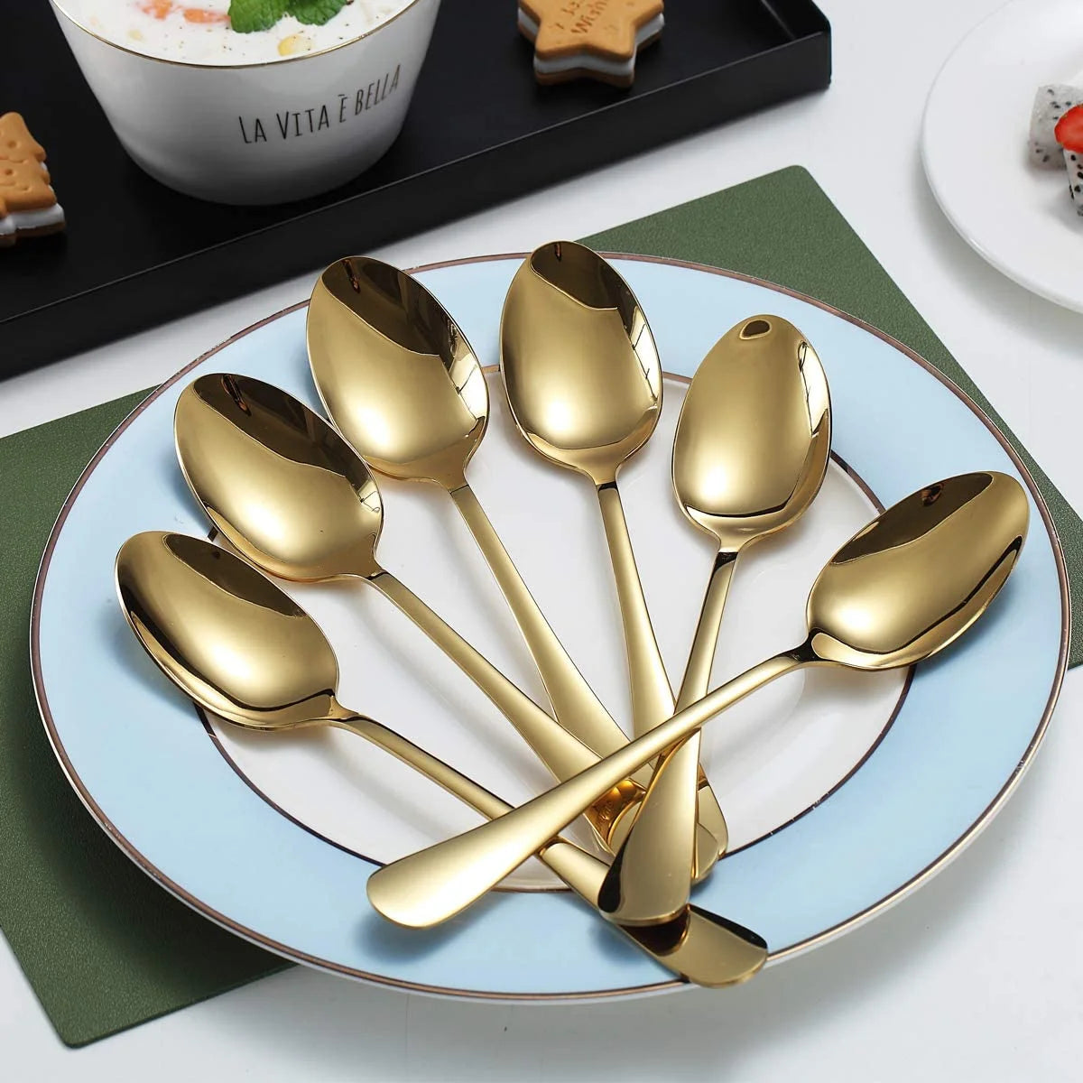 Gold Dinner Spoons 6 Pieces Stainless Steel Table Dessert Spoons Sliverware Set