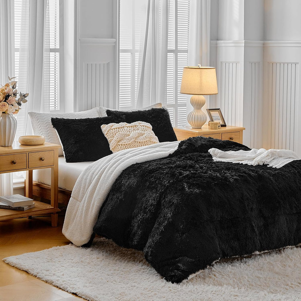 Black Faux Fur Comforter Set Queen 3 Pieces - 1 Black Shaggy Comforter Set 90X90 and 2 Pillowcases, Ultra Soft and Easy Care Luxury Plush Shaggy Duvet Set