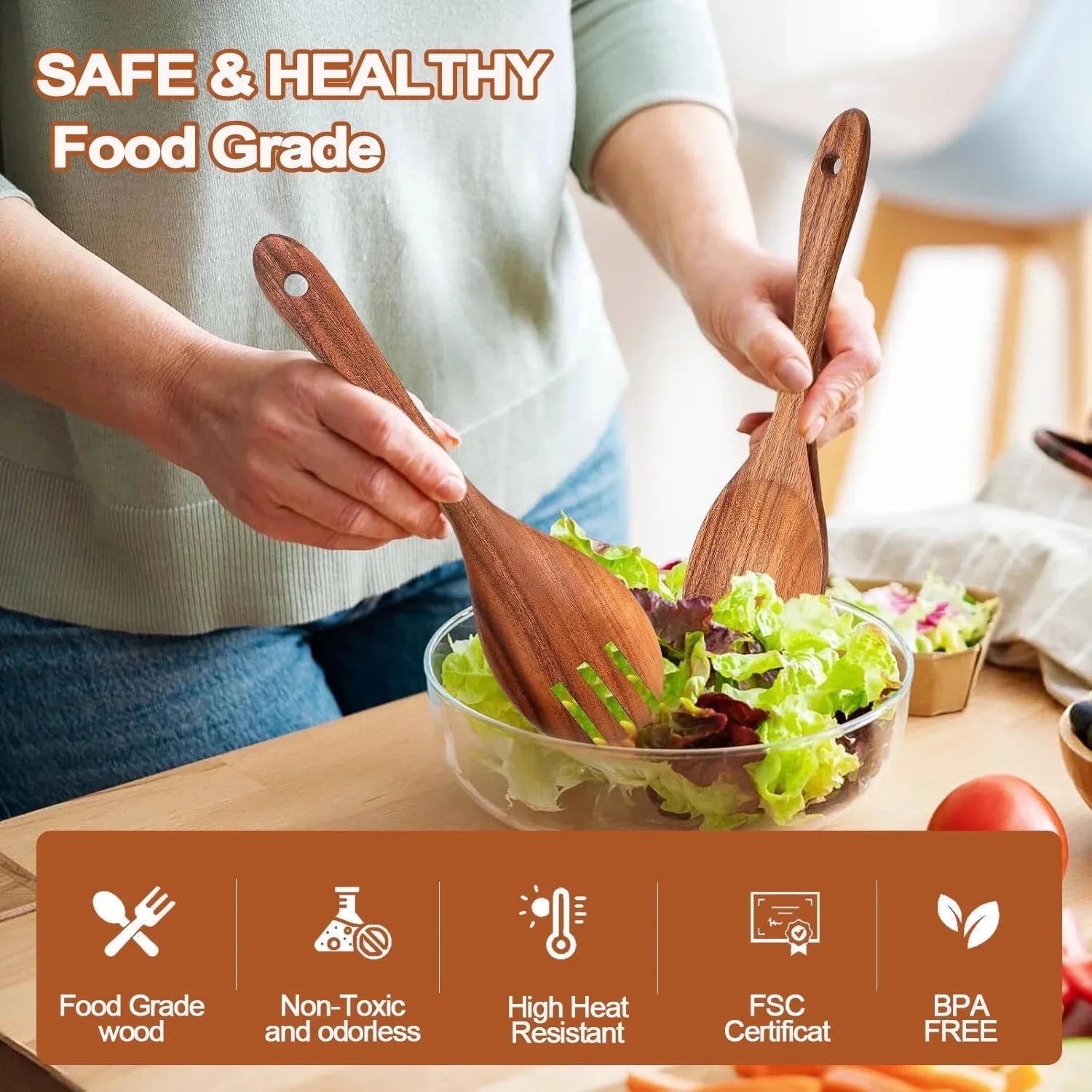 Wooden Spoons for Cooking, 9 Pcs Natural Teak Kitchen Utensil Set with Utensils Holder & Spoon Rest, Wooden Cooking Utensils for Nonstick Pans & Cookware