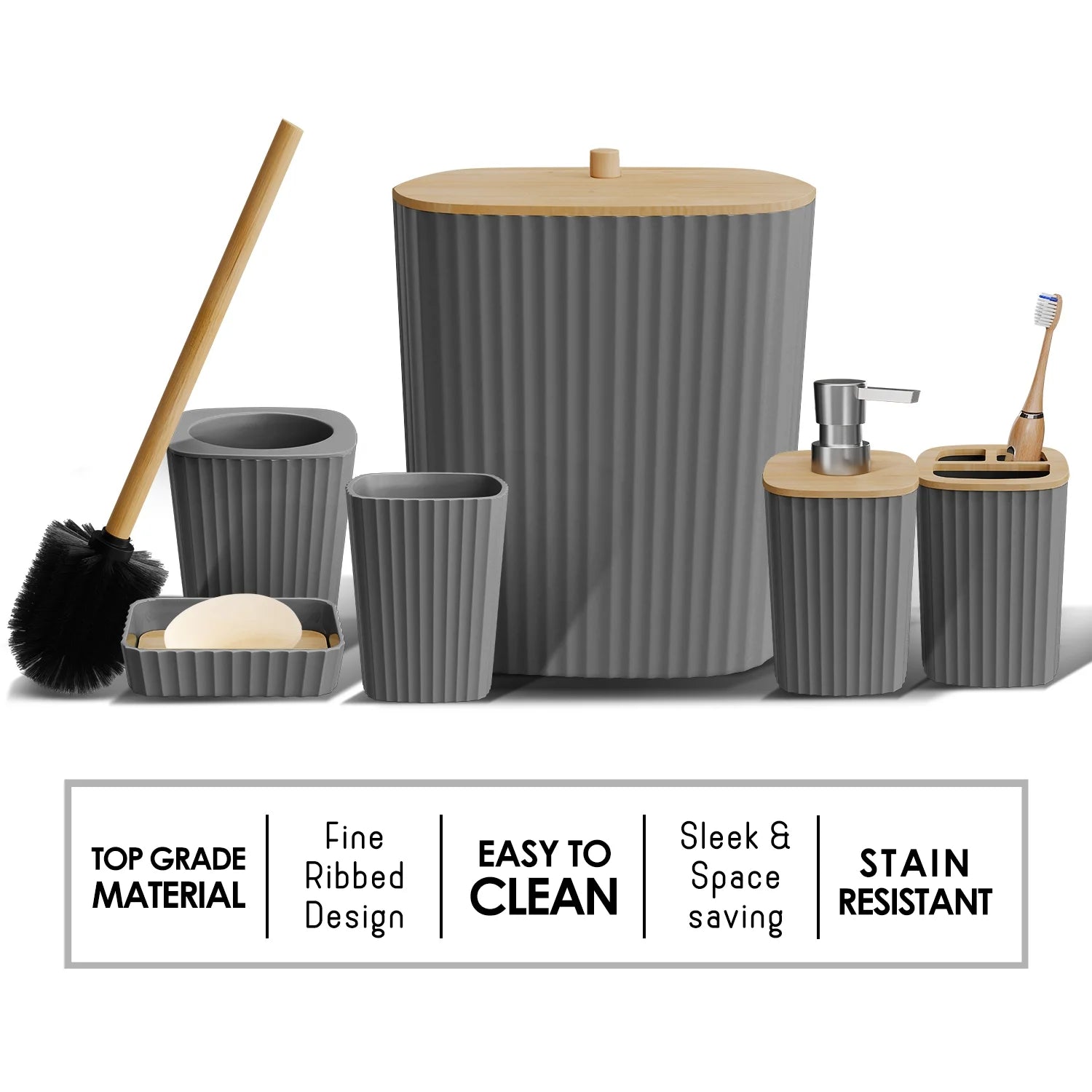 Virtu 6 Piece Bamboo Bathroom Sets, Gray Bathroom Accessories Set for Minimalistic Bathroom Décor