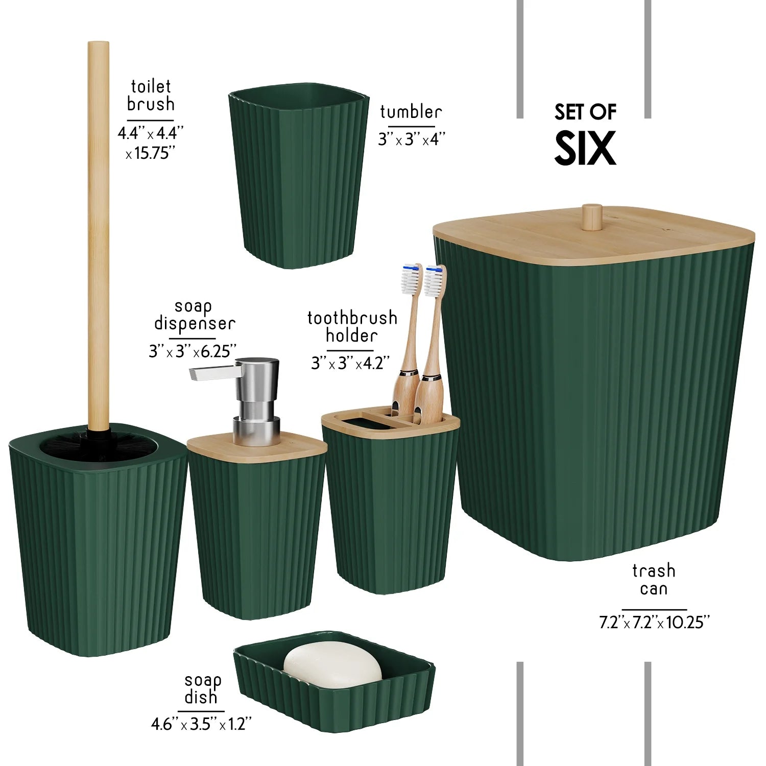 Virtu 6 Piece Bamboo Bathroom Sets, Hunter Green Bathroom Accessories Set for Minimalistic Bathroom Décor