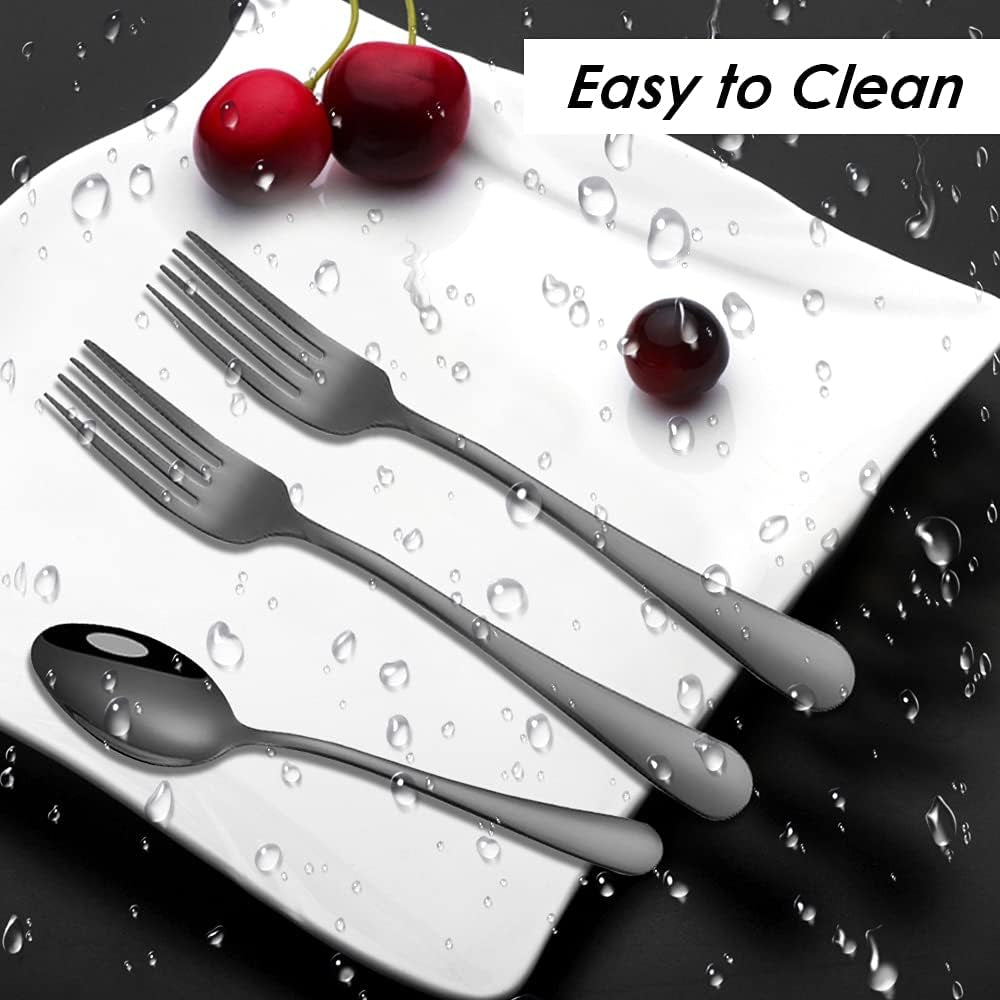 Set of 12, Black Plated Stainless Steel Dinner Forks and Spoons,  Heavy-Duty Forks (8 Inch) and Spoons (7 Inch) Cutlery Set- Black
