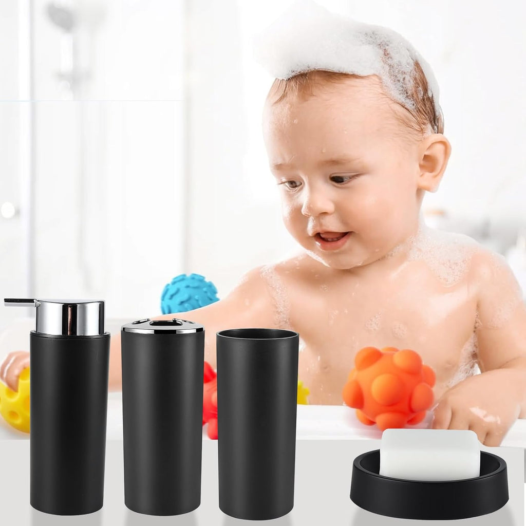 8Pcs Black Bathroom Accessories Set with Trash Can Toothbrush Holder Soap Dispenser Soap and Lotion Set Tumbler Cups Qtip Holder