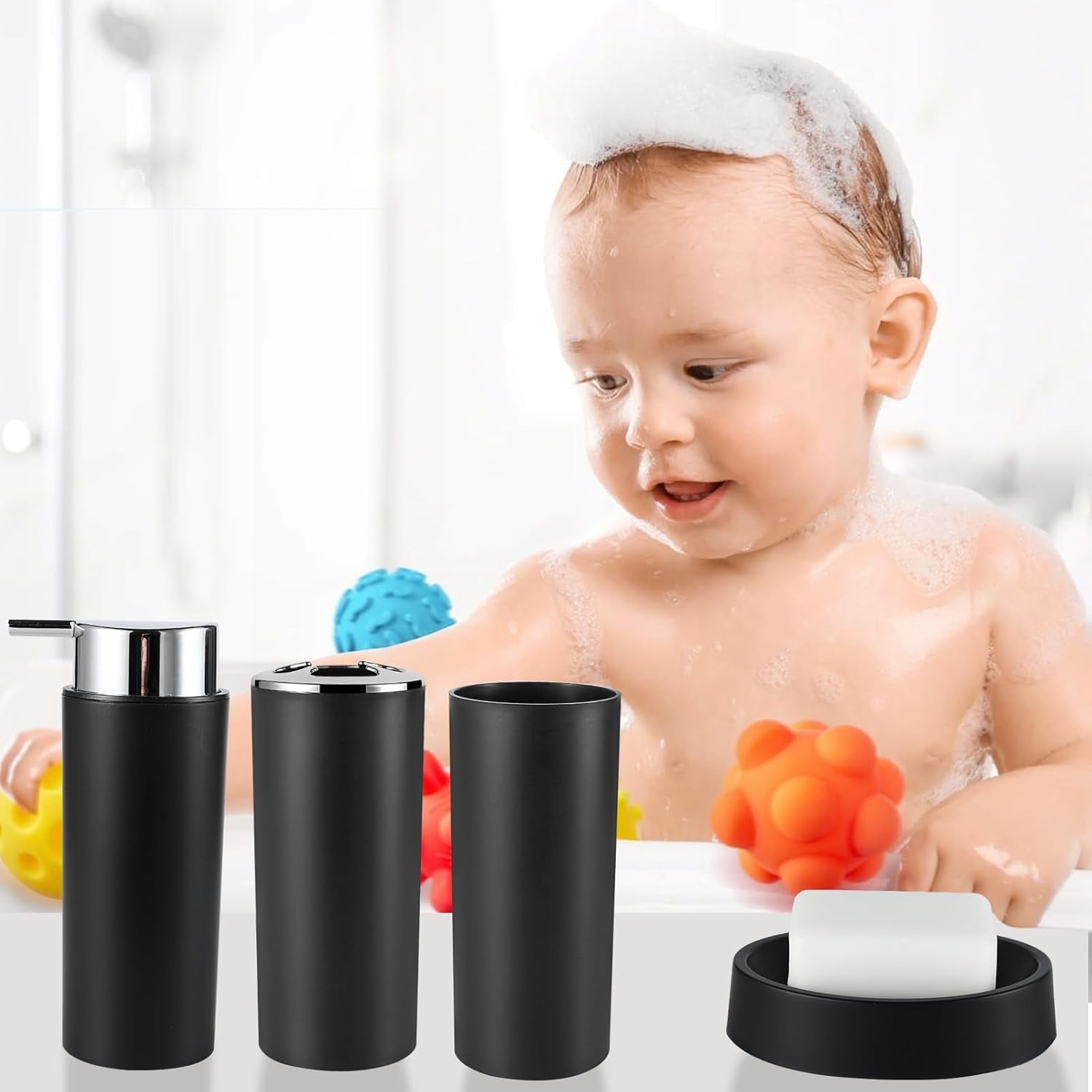 8Pcs Black Bathroom Accessories Set with Trash Can Toothbrush Holder Soap Dispenser Soap and Lotion Set Tumbler Cups Qtip Holder