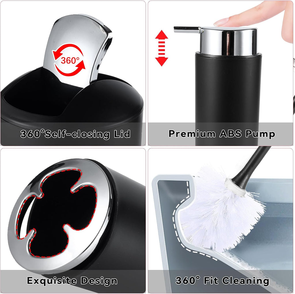 8Pcs Black Bathroom Accessories Set with Trash Can Toothbrush Holder Soap Dispenser Soap and Lotion Set Tumbler Cups Qtip Holder