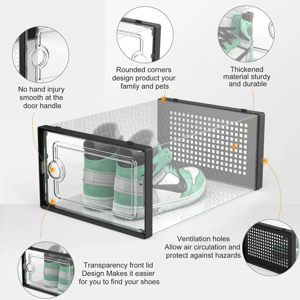 X-Large Shoe Storage Boxes,12 Pack Shoe Storage Organizers,Clear Stackable Shoe Boxes for Closet,Foldable Shoe Racks,Sneaker Storage Boxes (Black)