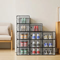 X-Large Shoe Storage Boxes,12 Pack Shoe Storage Organizers,Clear Stackable Shoe Boxes for Closet,Foldable Shoe Racks,Sneaker Storage Boxes (Black)