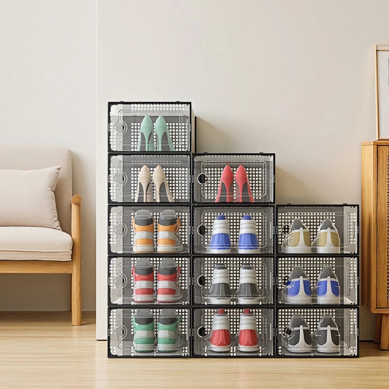 X-Large Shoe Storage Boxes,12 Pack Shoe Storage Organizers,Clear Stackable Shoe Boxes for Closet,Foldable Shoe Racks,Sneaker Storage Boxes (Black)