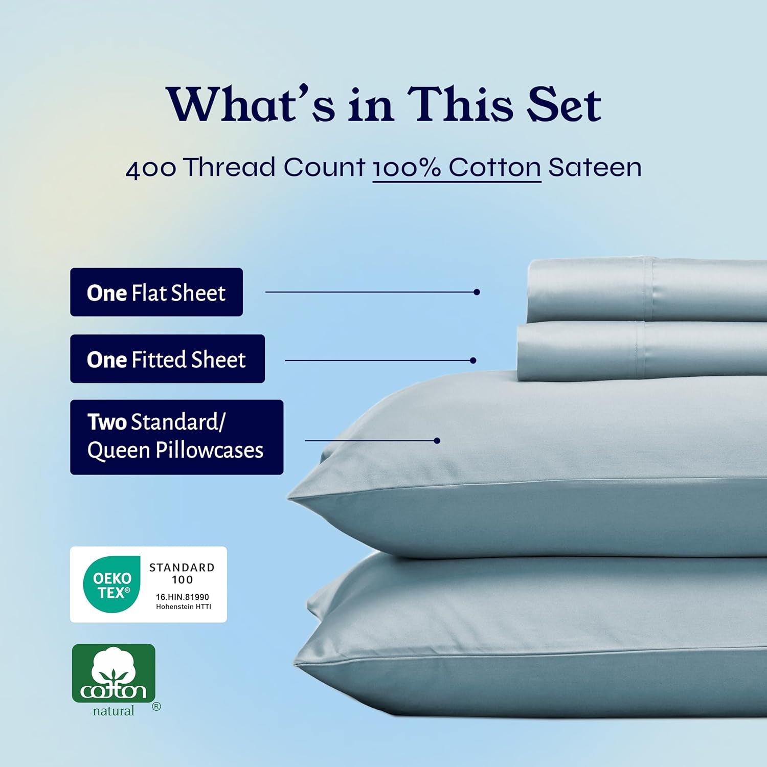 Queen Sheet Set - Soft 400 Thread Count Sateen, Natural 100% Cotton Sheets for Queen Size Bed, Deep Pockets for a Snug Fit, Durable Bedding - Sky Blue