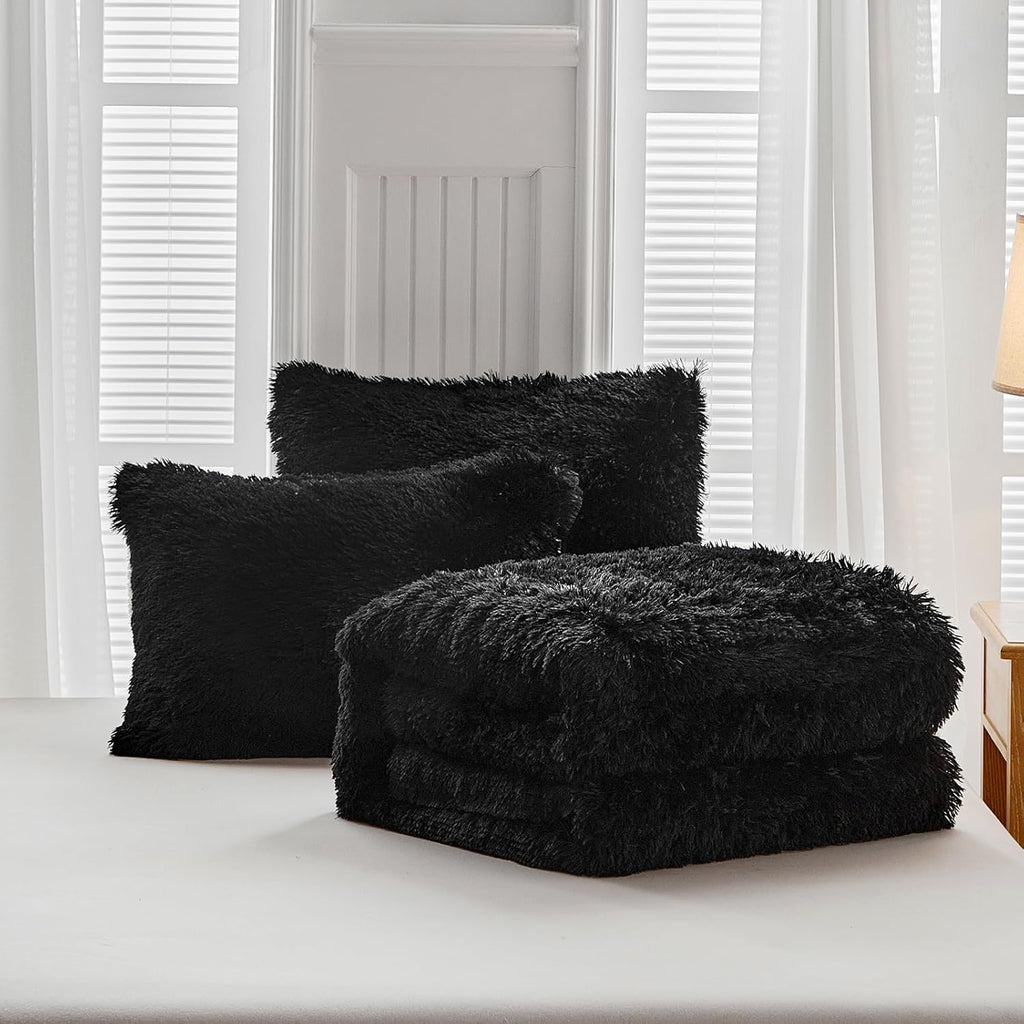 Black Faux Fur Comforter Set Queen 3 Pieces - 1 Black Shaggy Comforter Set 90X90 and 2 Pillowcases, Ultra Soft and Easy Care Luxury Plush Shaggy Duvet Set
