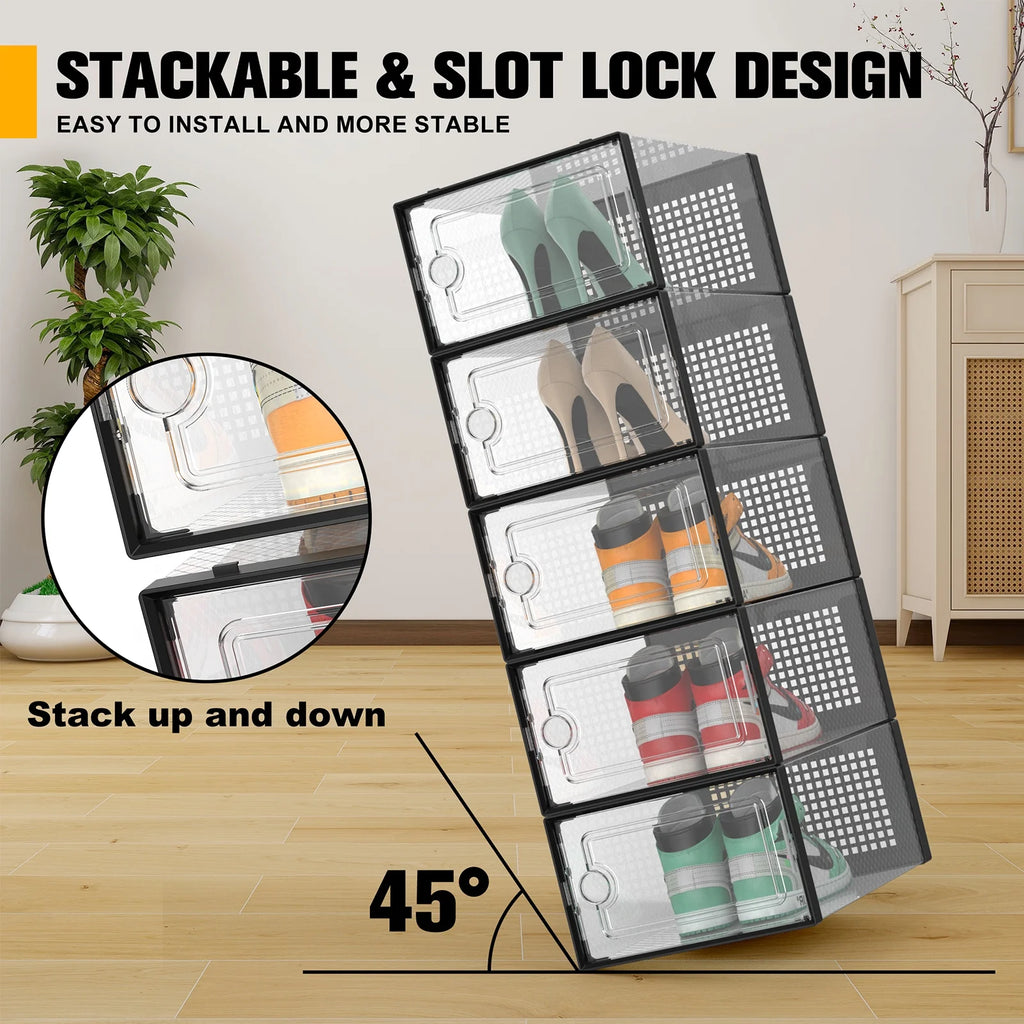 X-Large Shoe Storage Boxes,12 Pack Shoe Storage Organizers,Clear Stackable Shoe Boxes for Closet,Foldable Shoe Racks,Sneaker Storage Boxes (Black)