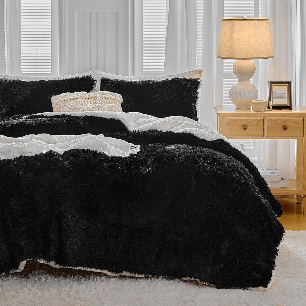 Black Faux Fur Comforter Set Queen 3 Pieces - 1 Black Shaggy Comforter Set 90X90 and 2 Pillowcases, Ultra Soft and Easy Care Luxury Plush Shaggy Duvet Set