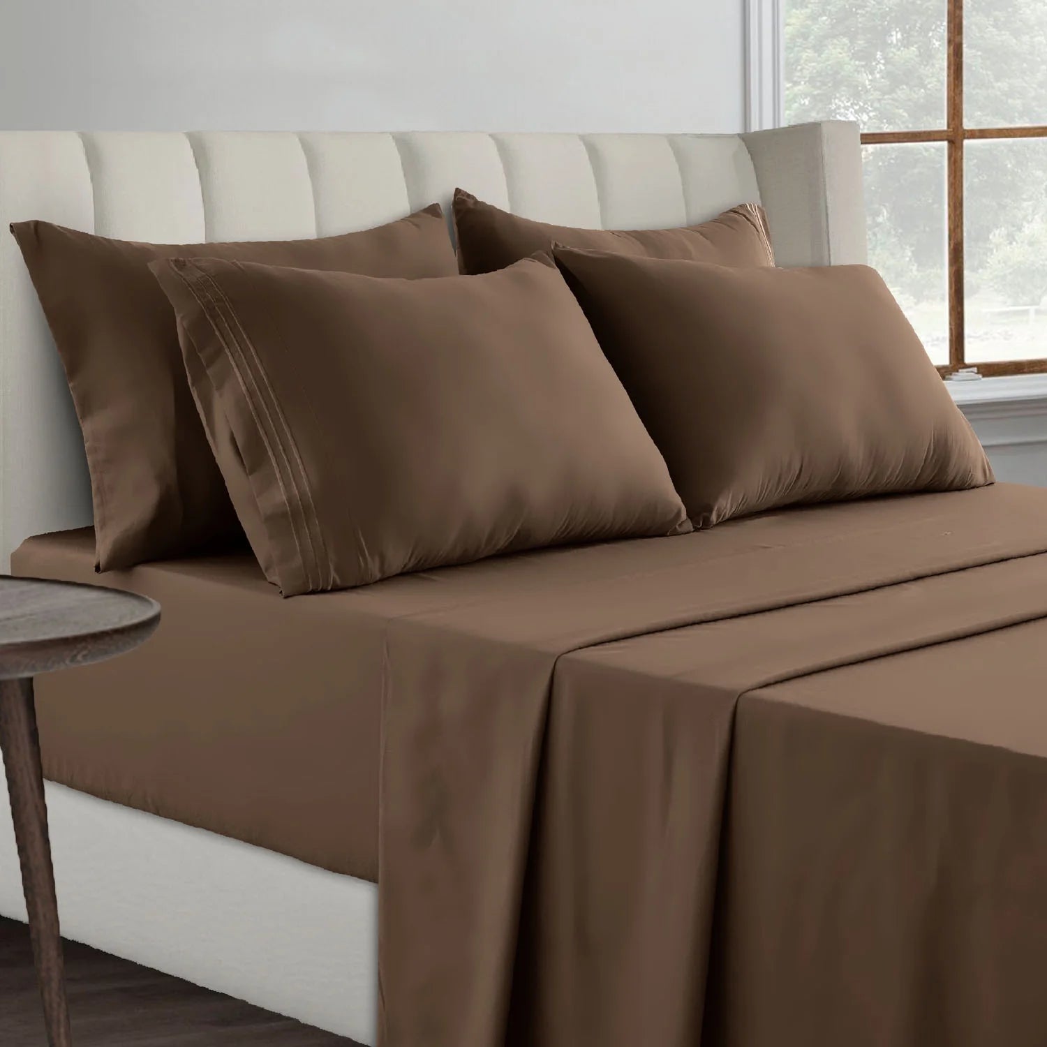 Queen Bed Sheets, Premimum 1800 Microfiber Deep Pocket Fitted Sheet, Flat Sheet & Pillowcases Bedding Set - Brown