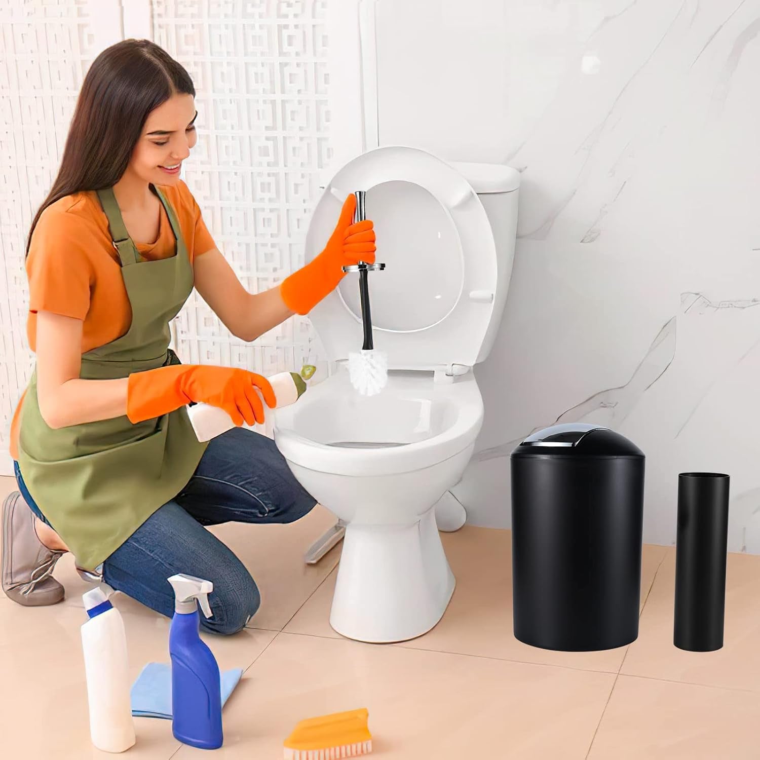 8Pcs Black Bathroom Accessories Set with Trash Can Toothbrush Holder Soap Dispenser Soap and Lotion Set Tumbler Cups Qtip Holder