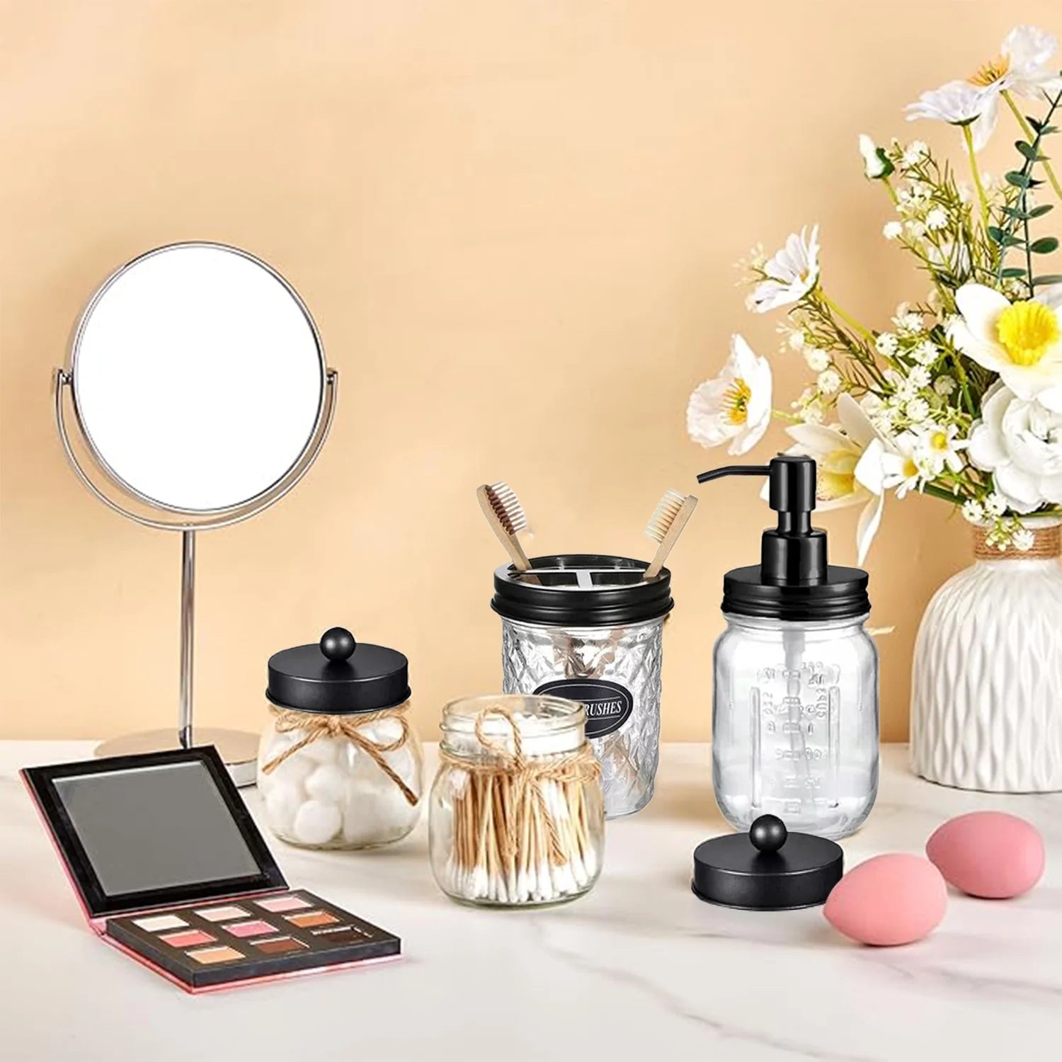 Premium Mason Jar Bathroom Accessories Set (4PCS) - Lotion Soap Dispenser,Toothbrush Holder,2 Apothecary Jars- Rustic Farmhouse Decor (Black)