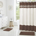 15 Piece Bathroom Shower Curtain Set with Memory Foam Bath Rugs. 2 Solid Coffee Brown Beige Color Modern Design None-Slip Bath Mats Includes12 Roller Ball Hooks Style Carrie (Brown)
