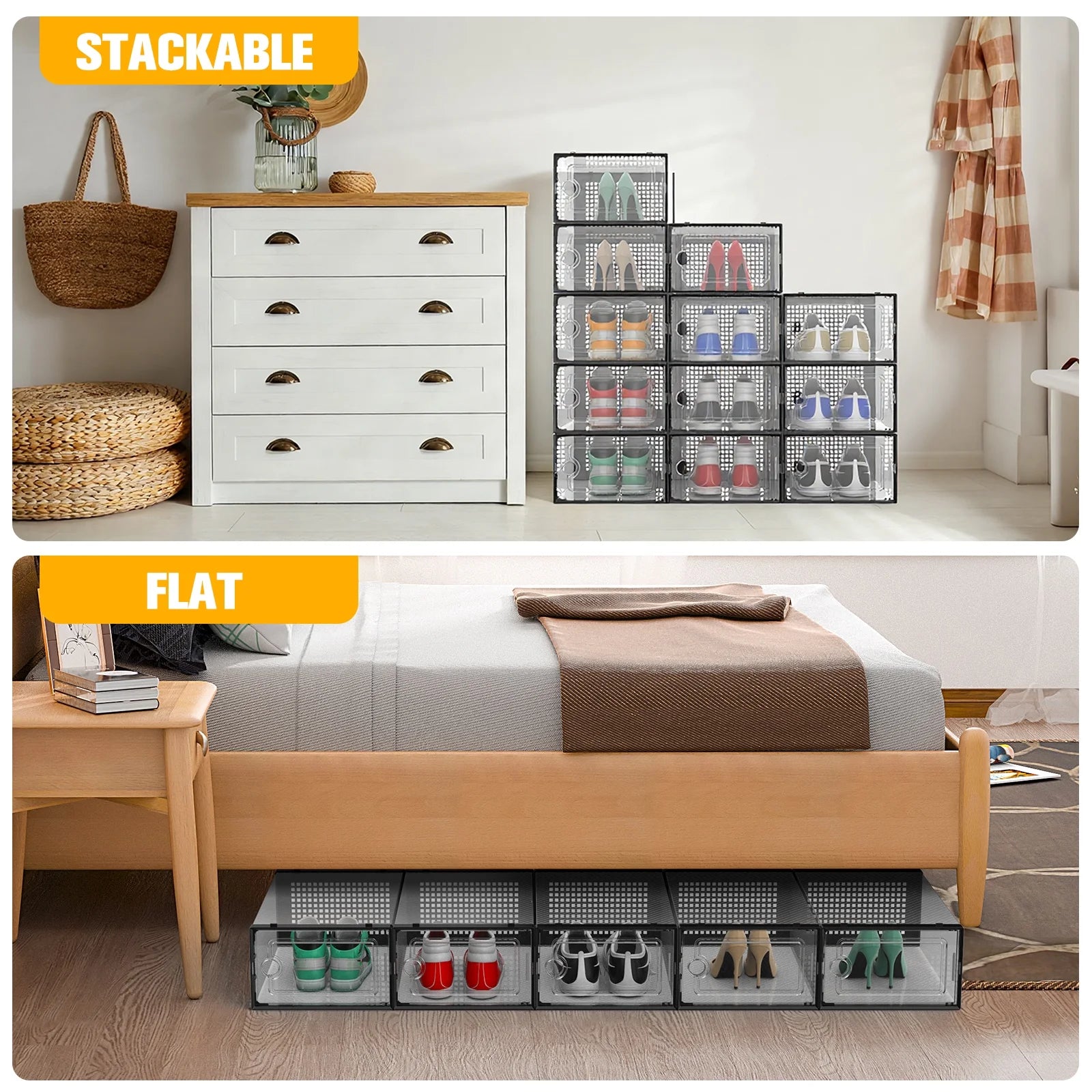 X-Large Shoe Storage Boxes,12 Pack Shoe Storage Organizers,Clear Stackable Shoe Boxes for Closet,Foldable Shoe Racks,Sneaker Storage Boxes (Black)