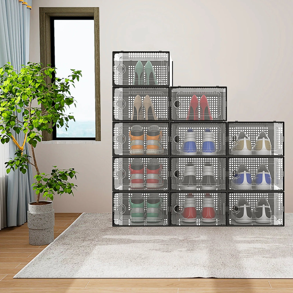 X-Large Shoe Storage Boxes,12 Pack Shoe Storage Organizers,Clear Stackable Shoe Boxes for Closet,Foldable Shoe Racks,Sneaker Storage Boxes (Black)