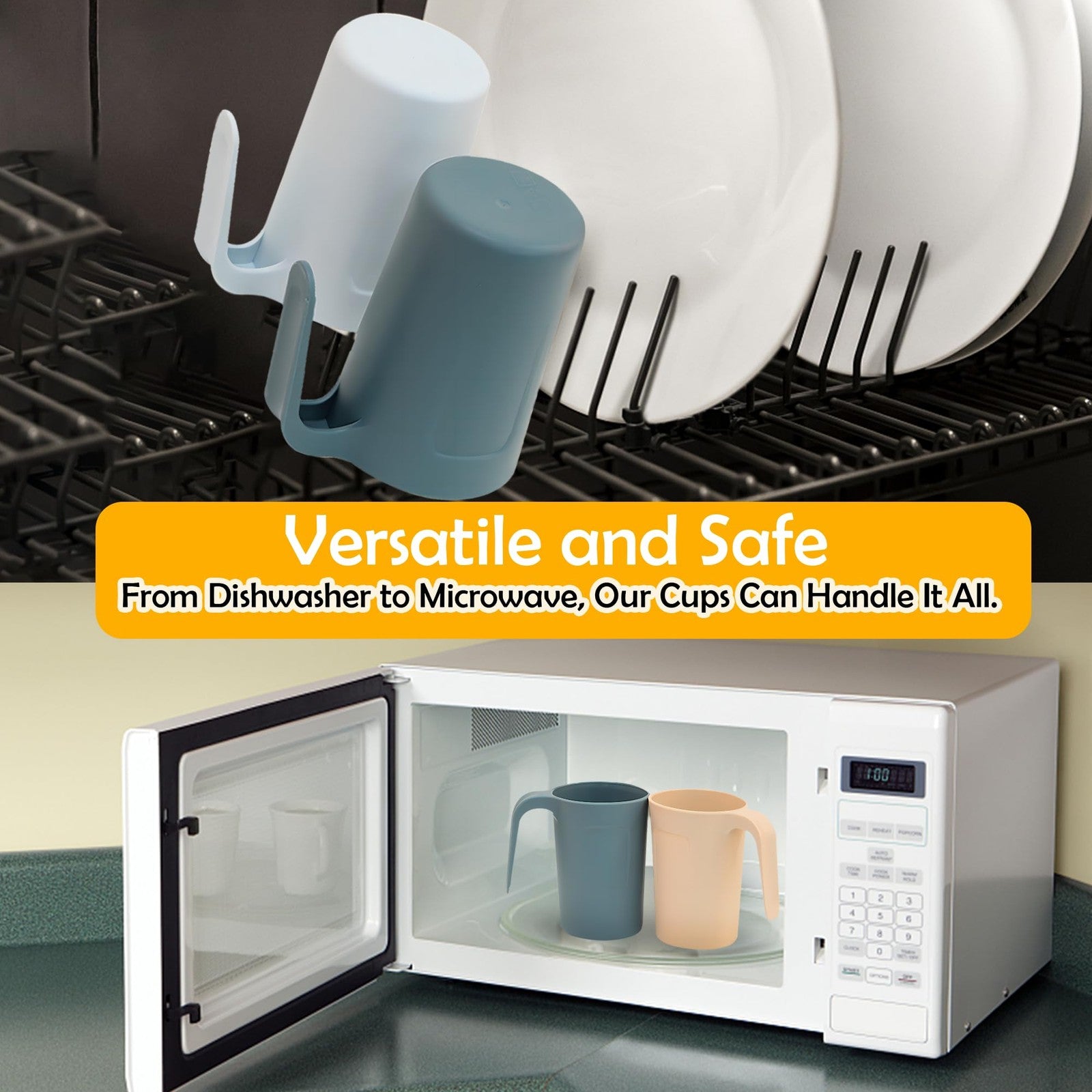 4 Plastic Stackable Coffee Mugs with Handles, Unbreakable Drinking Glasses, 12Oz