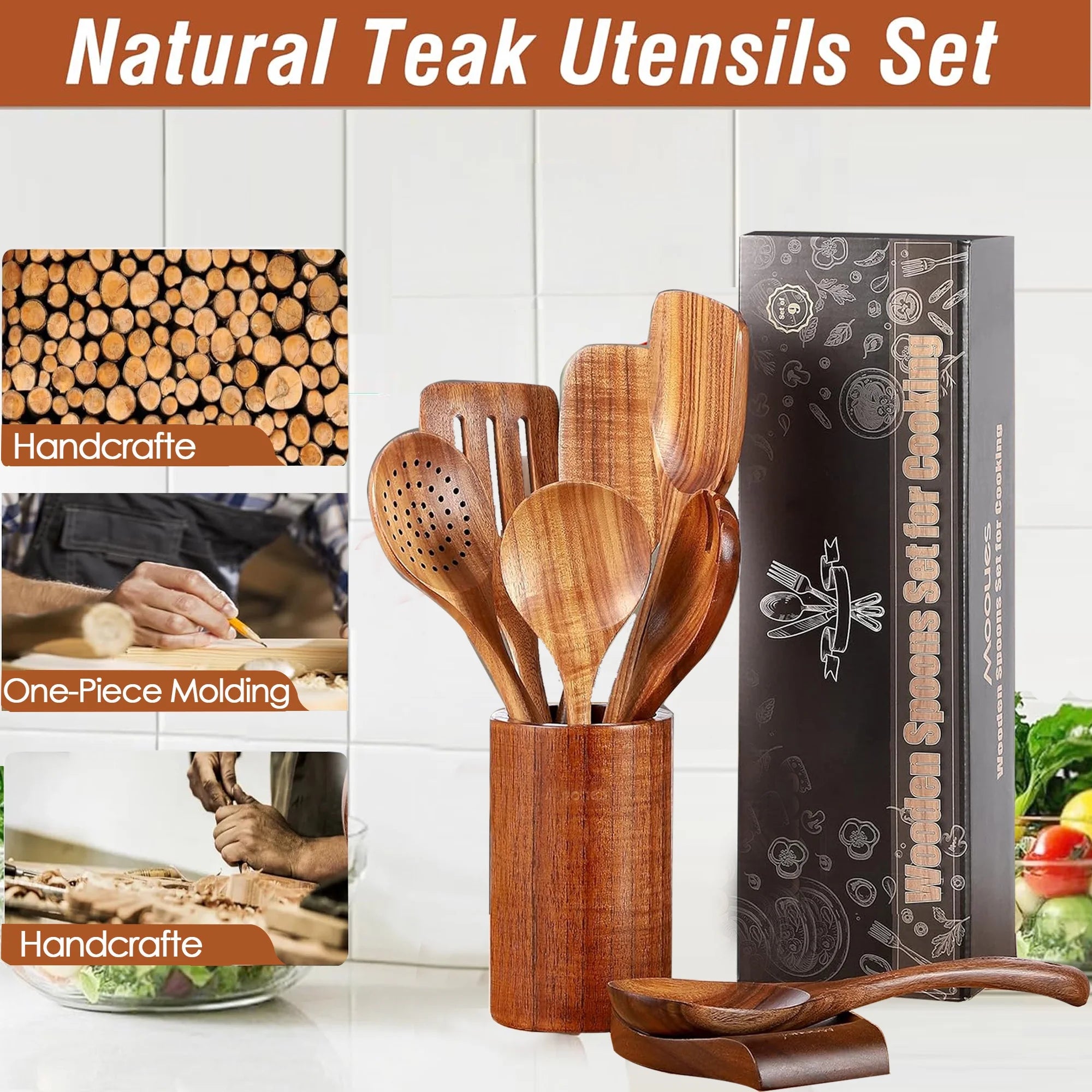 Wooden Spoons for Cooking, 9 Pcs Natural Teak Kitchen Utensil Set with Utensils Holder & Spoon Rest, Wooden Cooking Utensils for Nonstick Pans & Cookware