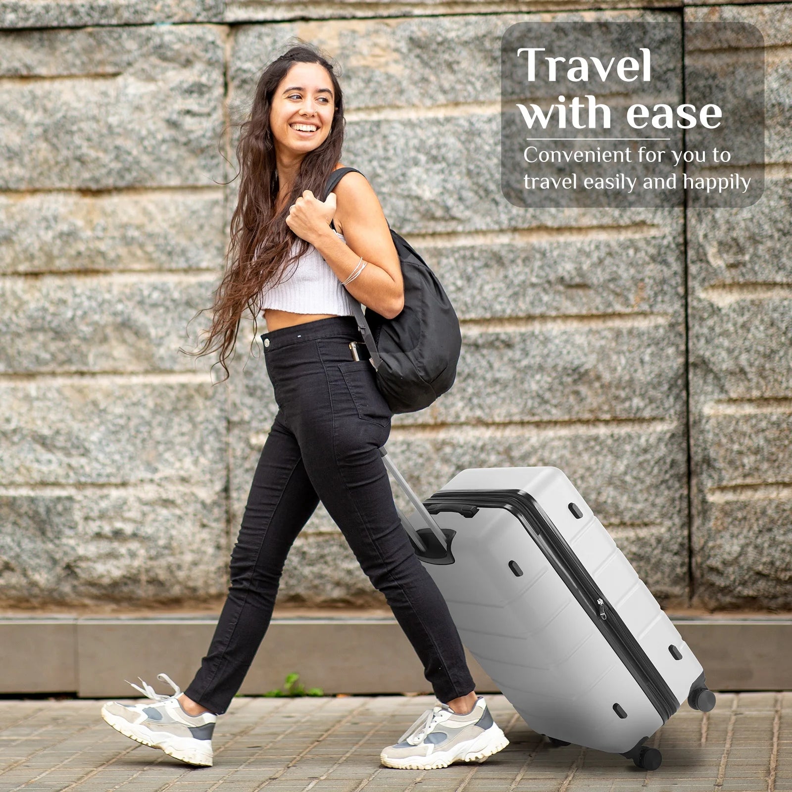 3 Pcs ABS Hardside Luggage Sets, Lightweight Expandable Hard Shell Rolling Suitcase TSA Lock Spinner Wheel Suit Cases, White