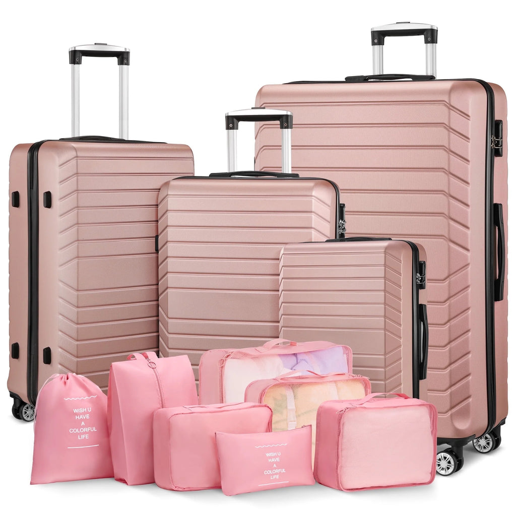 4 Piece Luggage Sets with 7 Pieces Organizer Bags, 20/24/28/32 Inch ABS Carry-On and Checked Suitcase Large Travel Sets, Rose