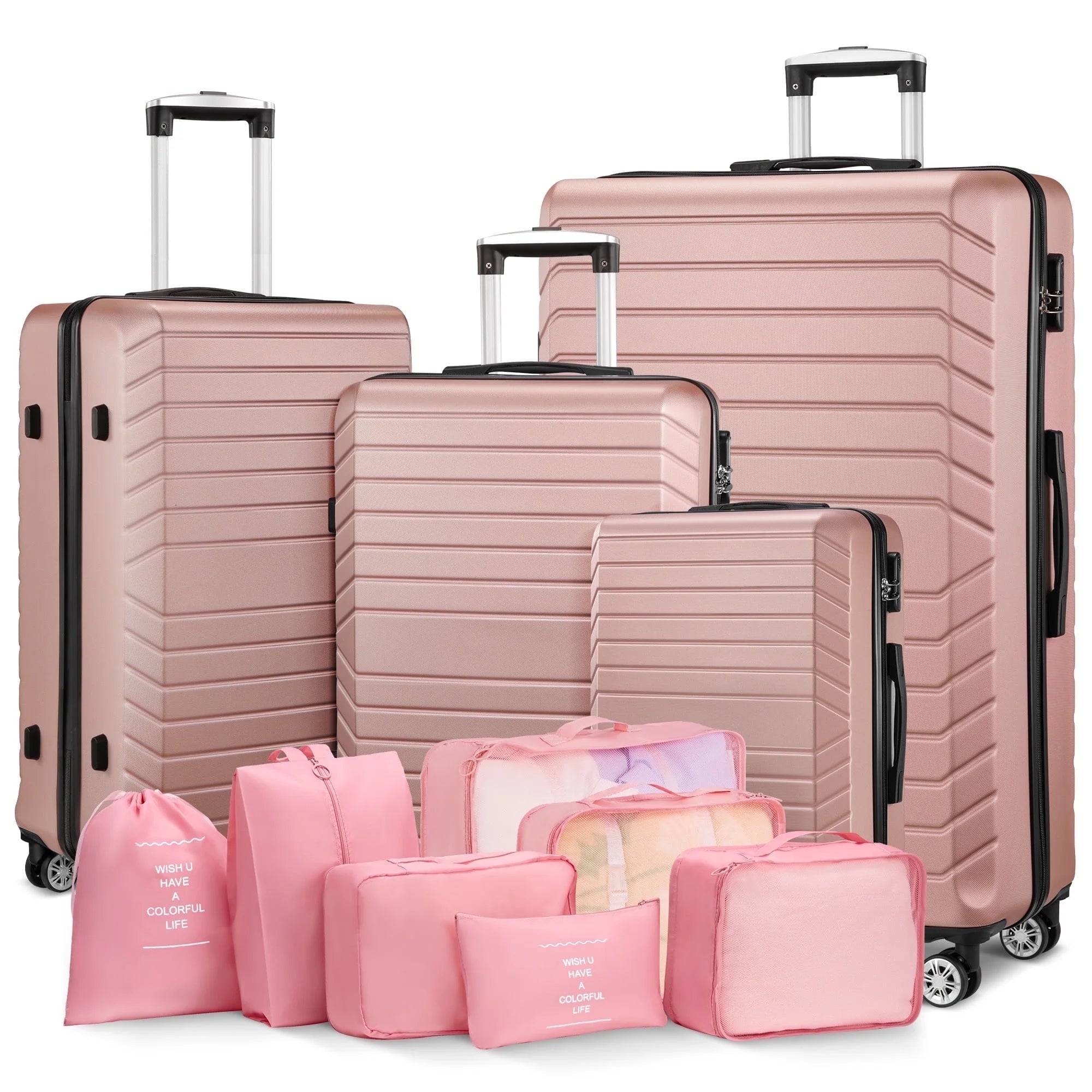 4 Piece Luggage Sets with 7 Pieces Organizer Bags, 20/24/28/32 Inch ABS Carry-On and Checked Suitcase Large Travel Sets, Rose