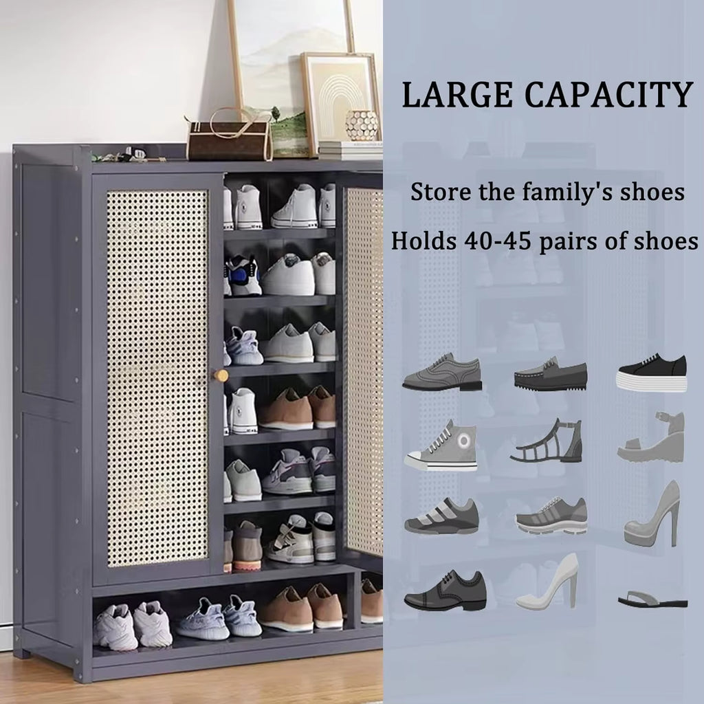 8 Tier Bamboo Shoe Storage Cabinet with Doors, 38-42 Pairs Shoe Rack for Closet, Rattan Storage Cabinet with Doors for Hallway L