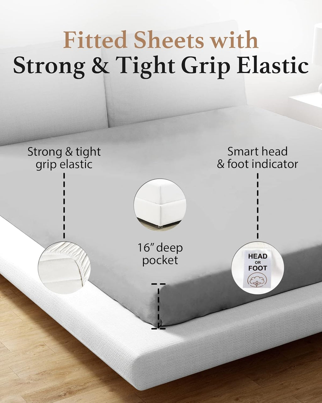 Queen Fitted Sheet - 100% Egyptian Cotton, 800 TC Soft & Breathable, Luxury Deep Pocket 16" - Light Grey