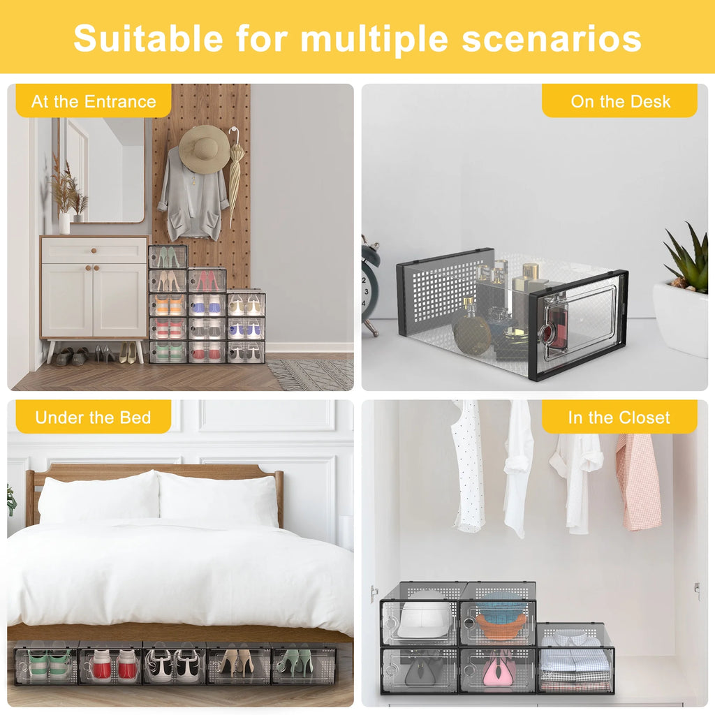 X-Large Shoe Storage Boxes,12 Pack Shoe Storage Organizers,Clear Stackable Shoe Boxes for Closet,Foldable Shoe Racks,Sneaker Storage Boxes (Black)