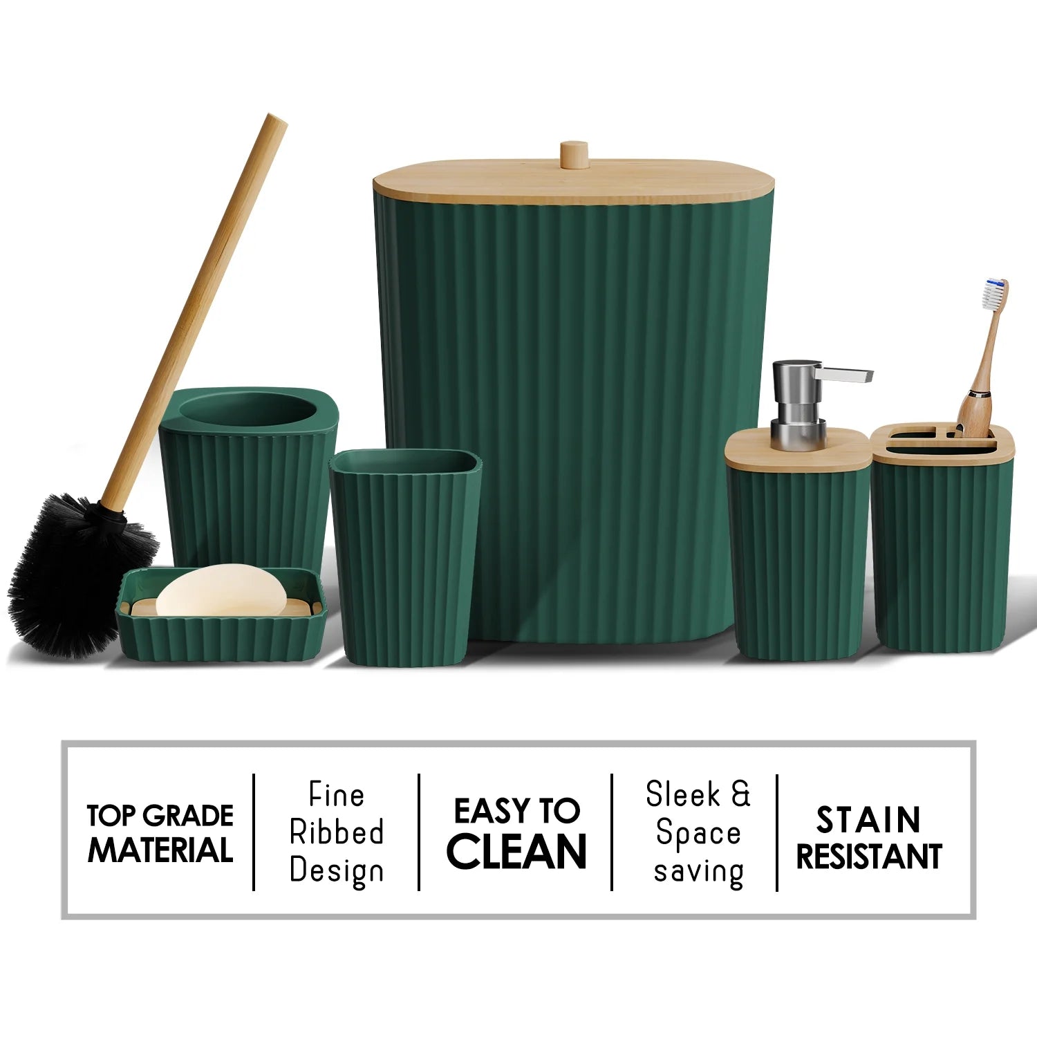 Virtu 6 Piece Bamboo Bathroom Sets, Hunter Green Bathroom Accessories Set for Minimalistic Bathroom Décor