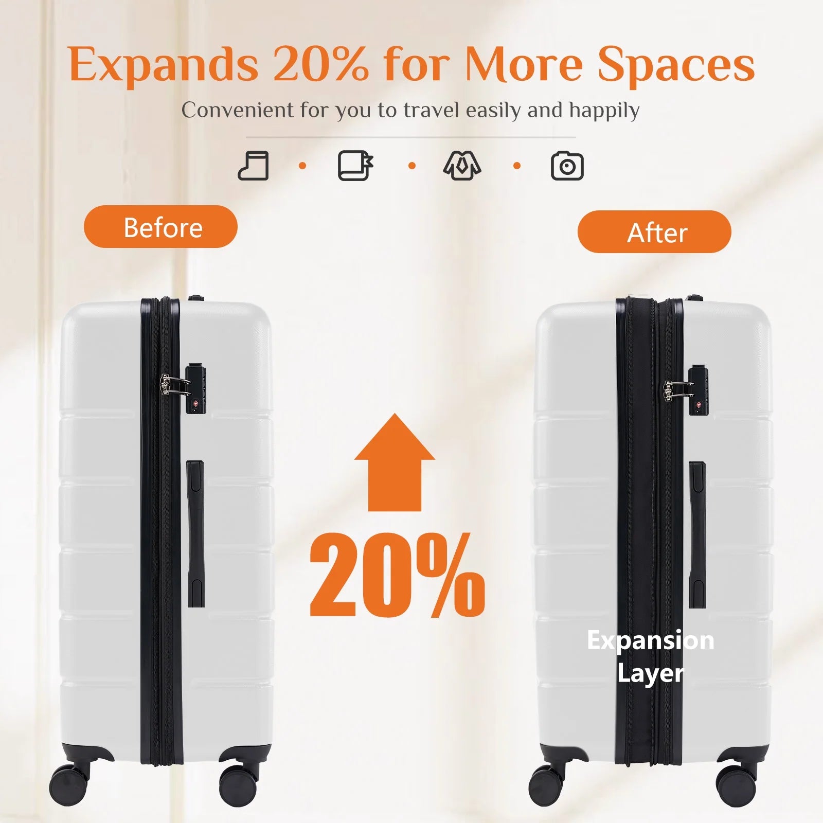 3 Pcs ABS Hardside Luggage Sets, Lightweight Expandable Hard Shell Rolling Suitcase TSA Lock Spinner Wheel Suit Cases, White