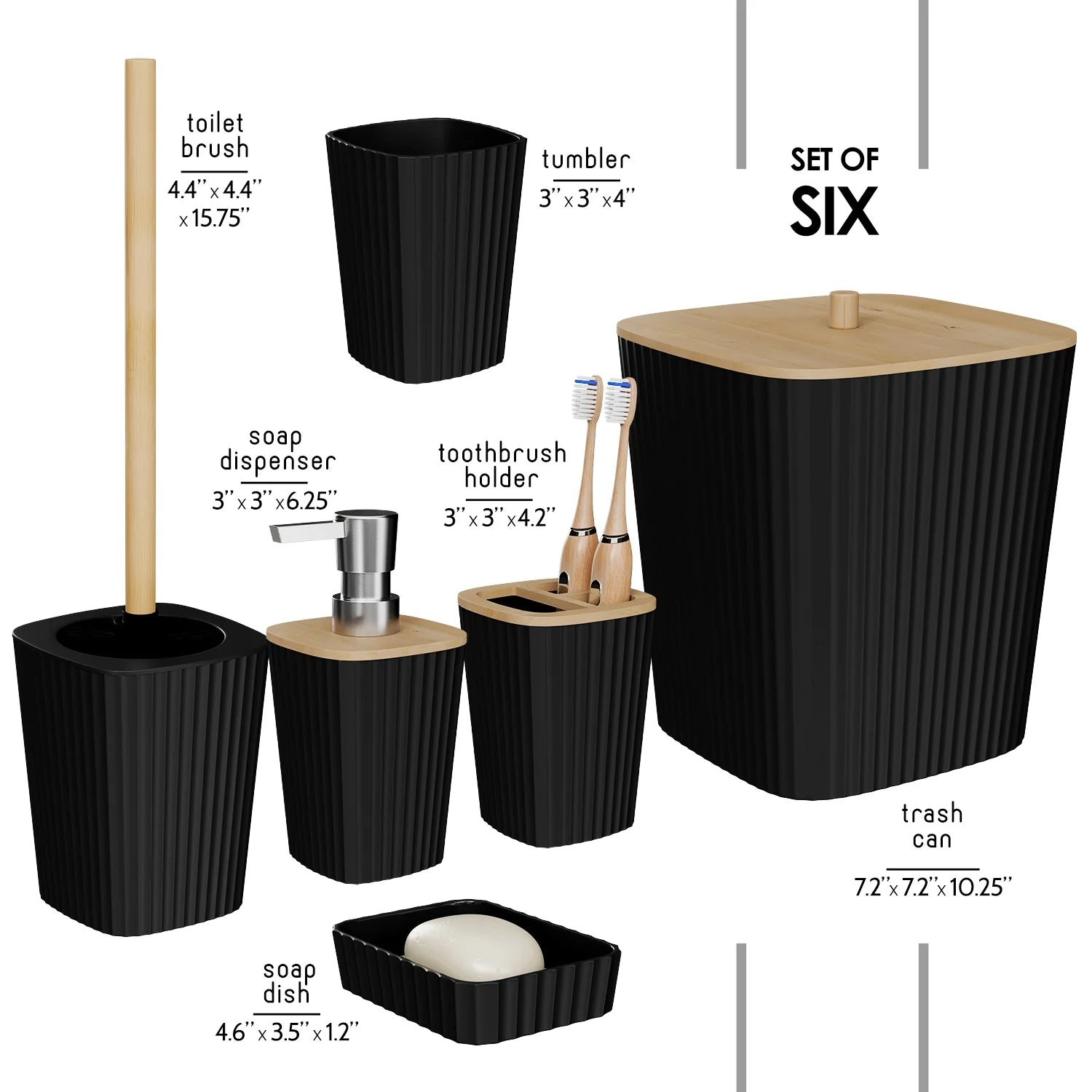 Virtu 6 Piece Bamboo Bathroom Sets, Black Bathroom Accessories Set for Minimalistic Bathroom Décor