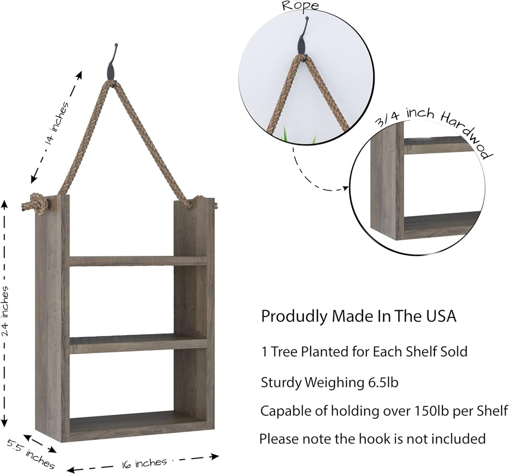 SFC Rustic Wood Bathroom Shelf over Toilet, Wall Mounted, Ladder Style Rope Hanging Shelf (Large)