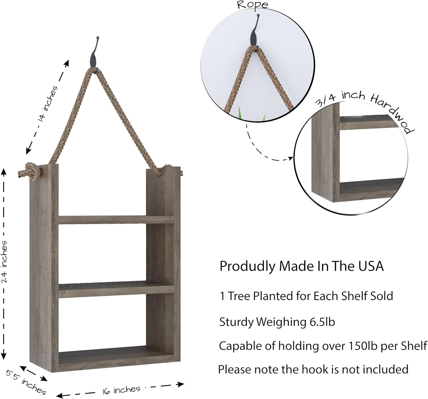 SFC Rustic Wood Bathroom Shelf over Toilet, Wall Mounted, Ladder Style Rope Hanging Shelf (Large)
