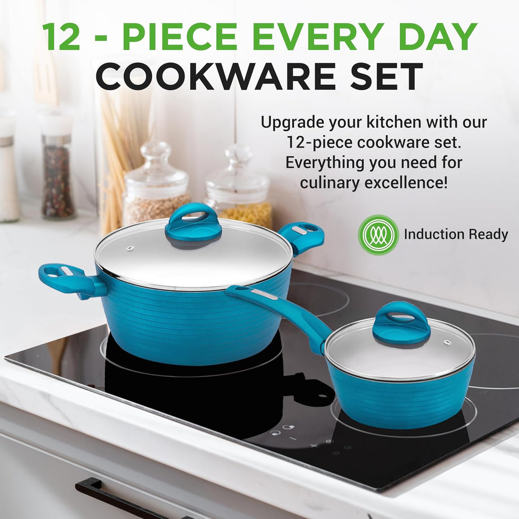 Professional 12-Piece Nonstick Cookware - Pfoa/Pfos-Free, Heat Resistant Lacquer, Elegant Design, Multi-Sized Pots and Pans, Teal/Gray/Green