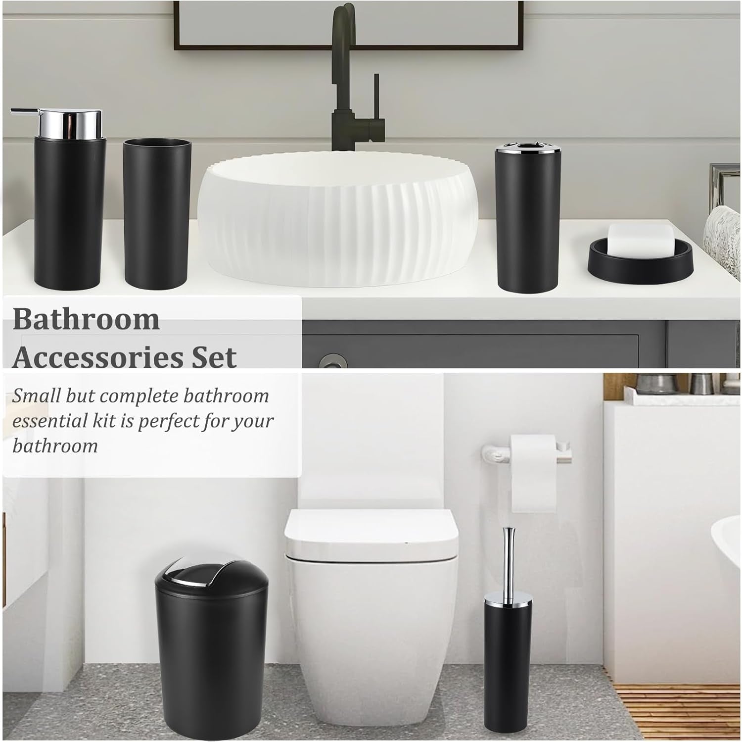 8Pcs Black Bathroom Accessories Set with Trash Can Toothbrush Holder Soap Dispenser Soap and Lotion Set Tumbler Cups Qtip Holder