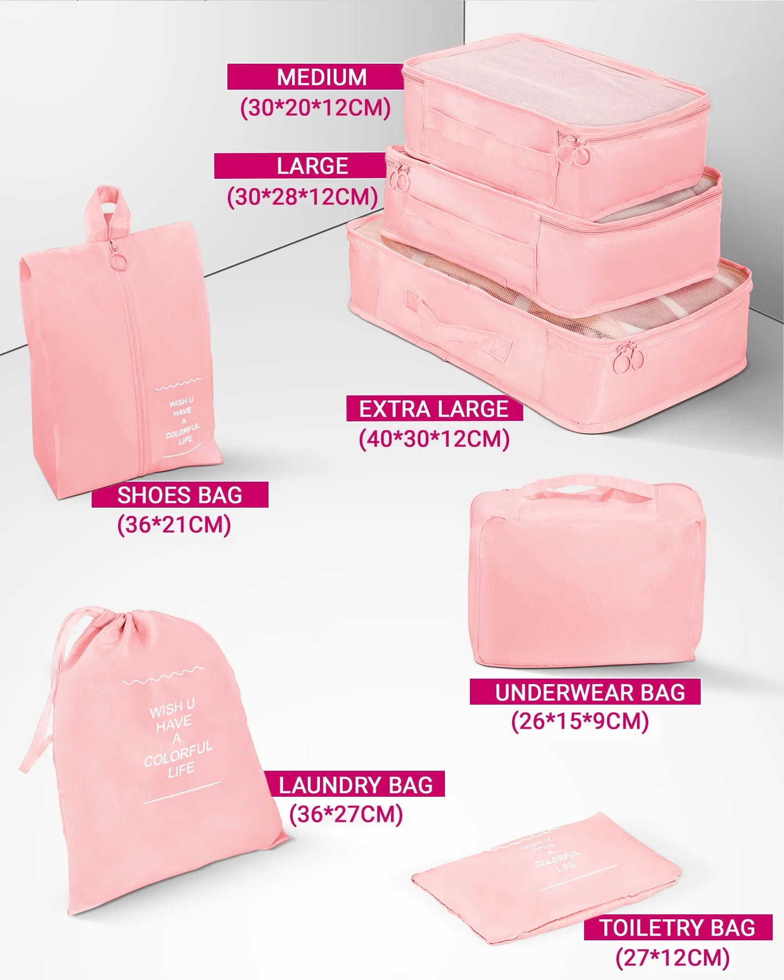 4 Piece Luggage Sets with 7 Pieces Organizer Bags, 20/24/28/32 Inch ABS Carry-On and Checked Suitcase Large Travel Sets, Rose