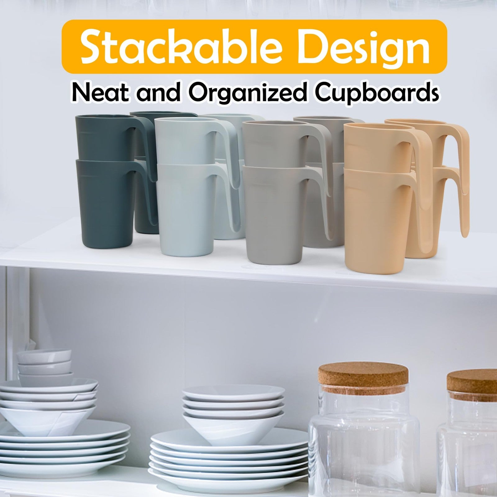 4 Plastic Stackable Coffee Mugs with Handles, Unbreakable Drinking Glasses, 12Oz