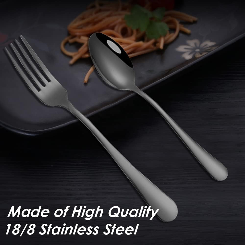 Set of 12, Black Plated Stainless Steel Dinner Forks and Spoons,  Heavy-Duty Forks (8 Inch) and Spoons (7 Inch) Cutlery Set- Black