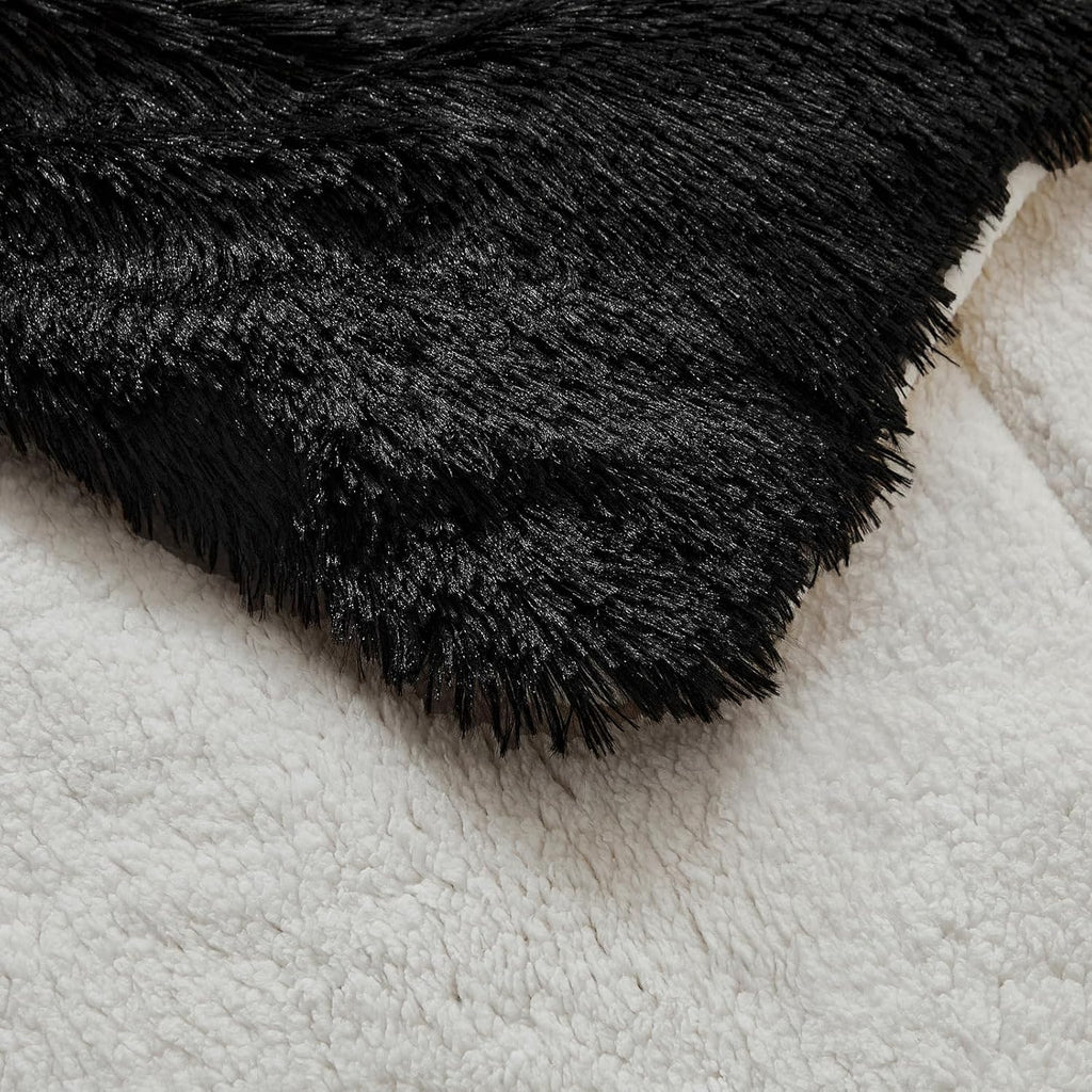 Black Faux Fur Comforter Set Queen 3 Pieces - 1 Black Shaggy Comforter Set 90X90 and 2 Pillowcases, Ultra Soft and Easy Care Luxury Plush Shaggy Duvet Set