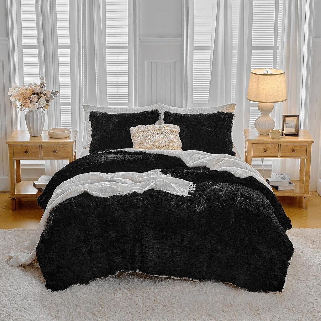 Black Faux Fur Comforter Set Queen 3 Pieces - 1 Black Shaggy Comforter Set 90X90 and 2 Pillowcases, Ultra Soft and Easy Care Luxury Plush Shaggy Duvet Set