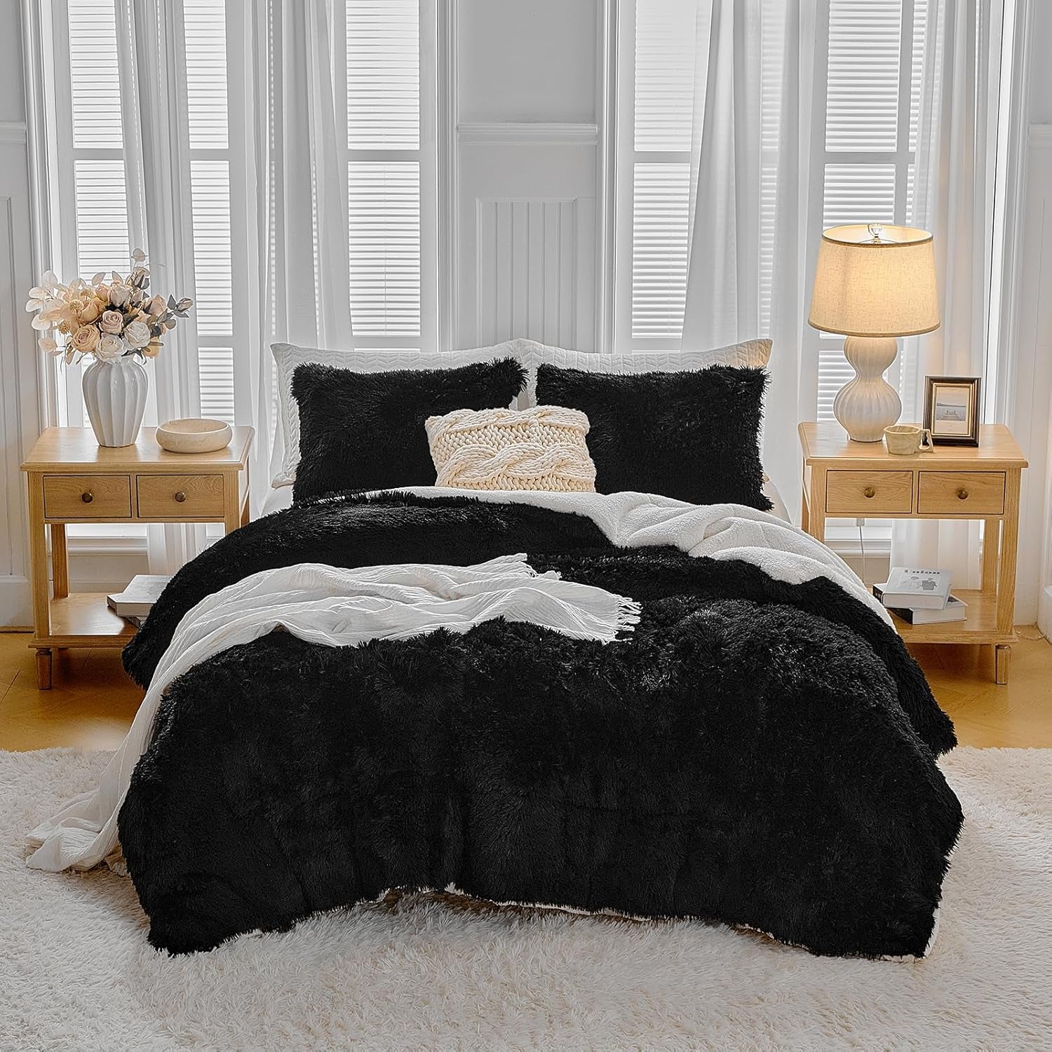 Black Faux Fur Comforter Set Queen 3 Pieces - 1 Black Shaggy Comforter Set 90X90 and 2 Pillowcases, Ultra Soft and Easy Care Luxury Plush Shaggy Duvet Set