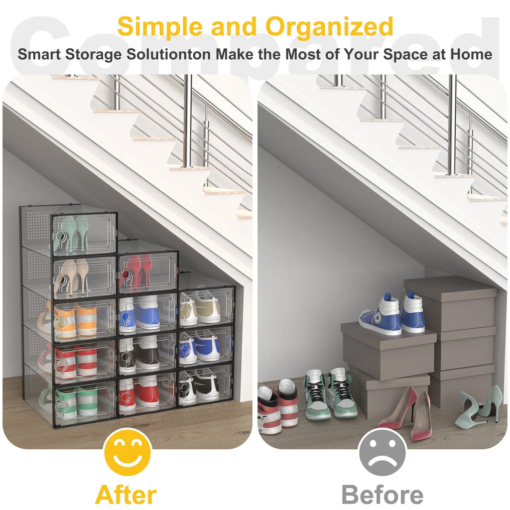 X-Large Shoe Storage Boxes,12 Pack Shoe Storage Organizers,Clear Stackable Shoe Boxes for Closet,Foldable Shoe Racks,Sneaker Storage Boxes (Black)