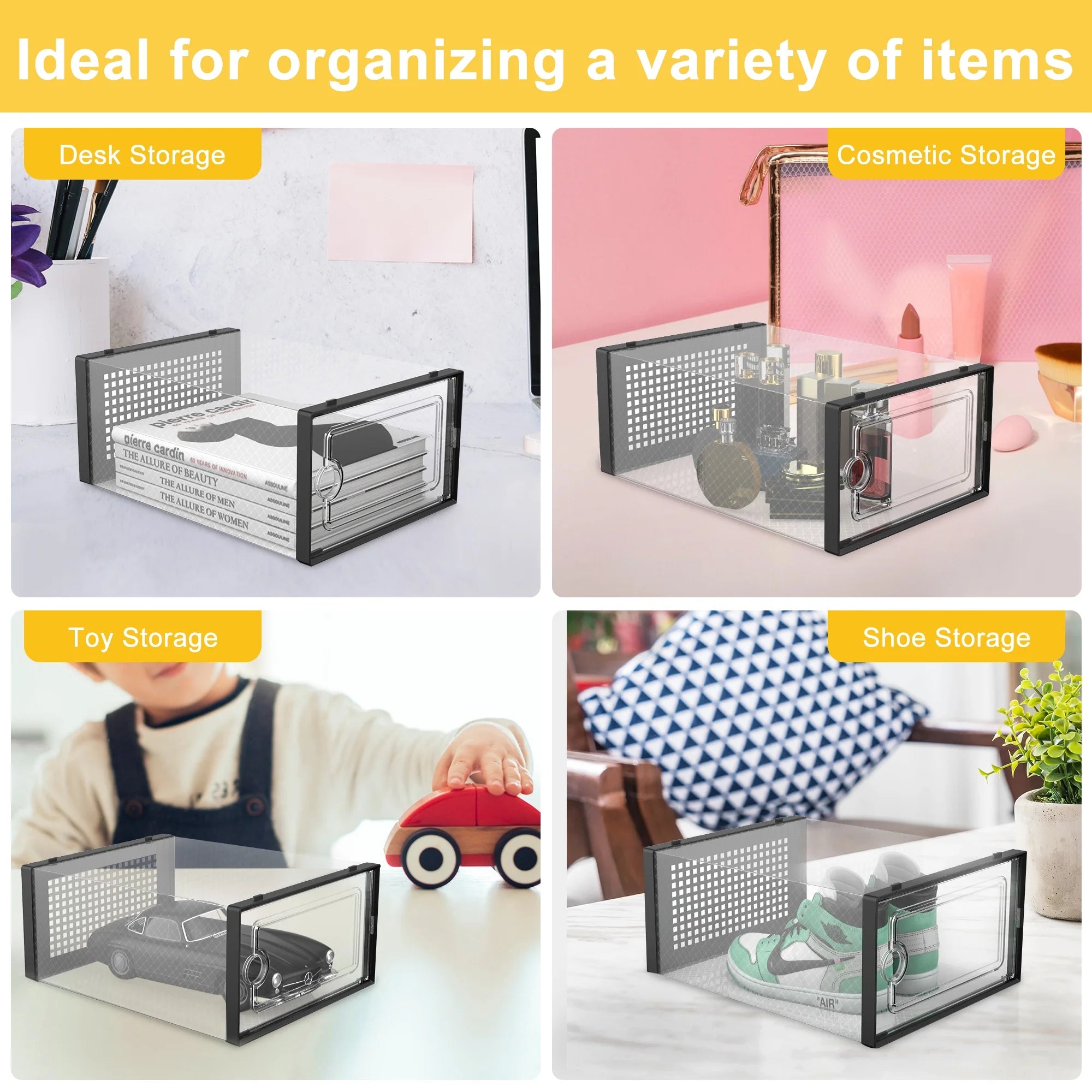 X-Large Shoe Storage Boxes,12 Pack Shoe Storage Organizers,Clear Stackable Shoe Boxes for Closet,Foldable Shoe Racks,Sneaker Storage Boxes (Black)