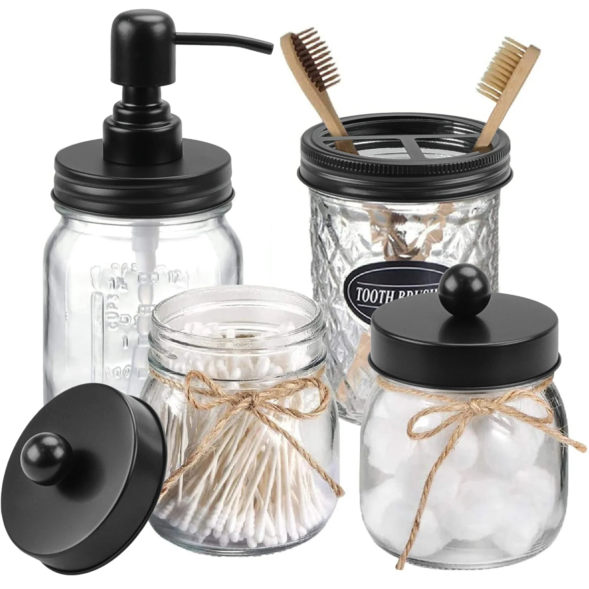 Premium Mason Jar Bathroom Accessories Set (4PCS) - Lotion Soap Dispenser,Toothbrush Holder,2 Apothecary Jars- Rustic Farmhouse Decor (Black)
