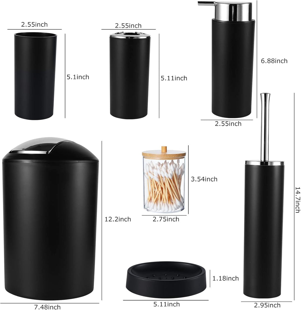 8Pcs Black Bathroom Accessories Set with Trash Can Toothbrush Holder Soap Dispenser Soap and Lotion Set Tumbler Cups Qtip Holder