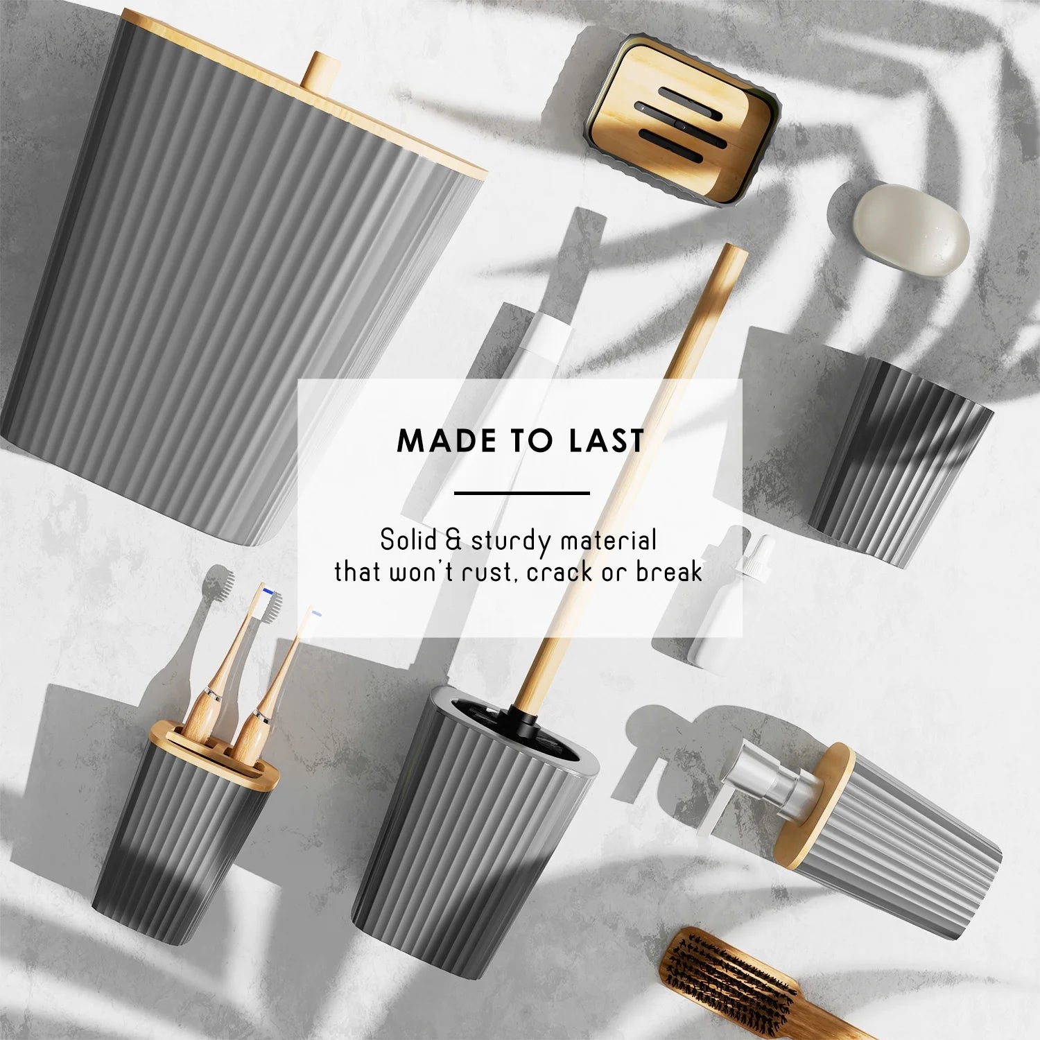 Virtu 6 Piece Bamboo Bathroom Sets, Gray Bathroom Accessories Set for Minimalistic Bathroom Décor