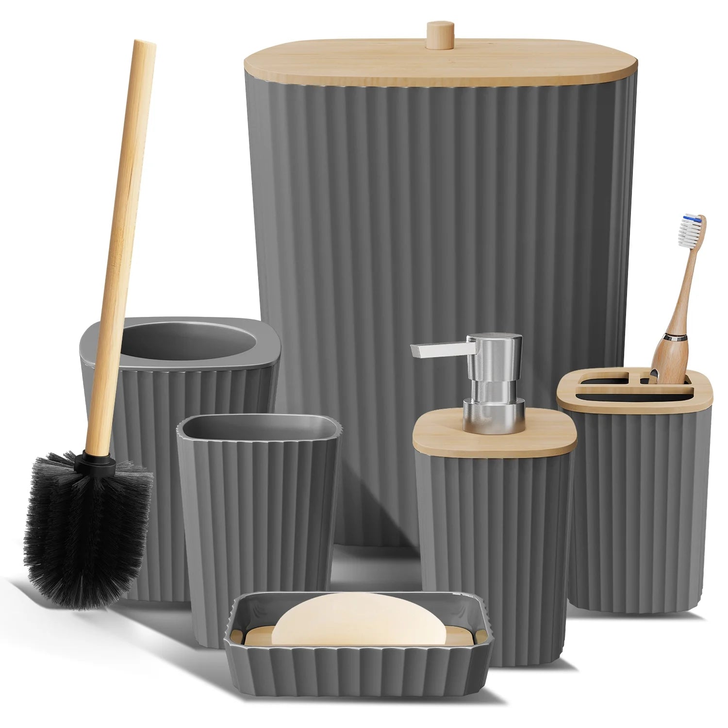 Virtu 6 Piece Bamboo Bathroom Sets, Gray Bathroom Accessories Set for Minimalistic Bathroom Décor
