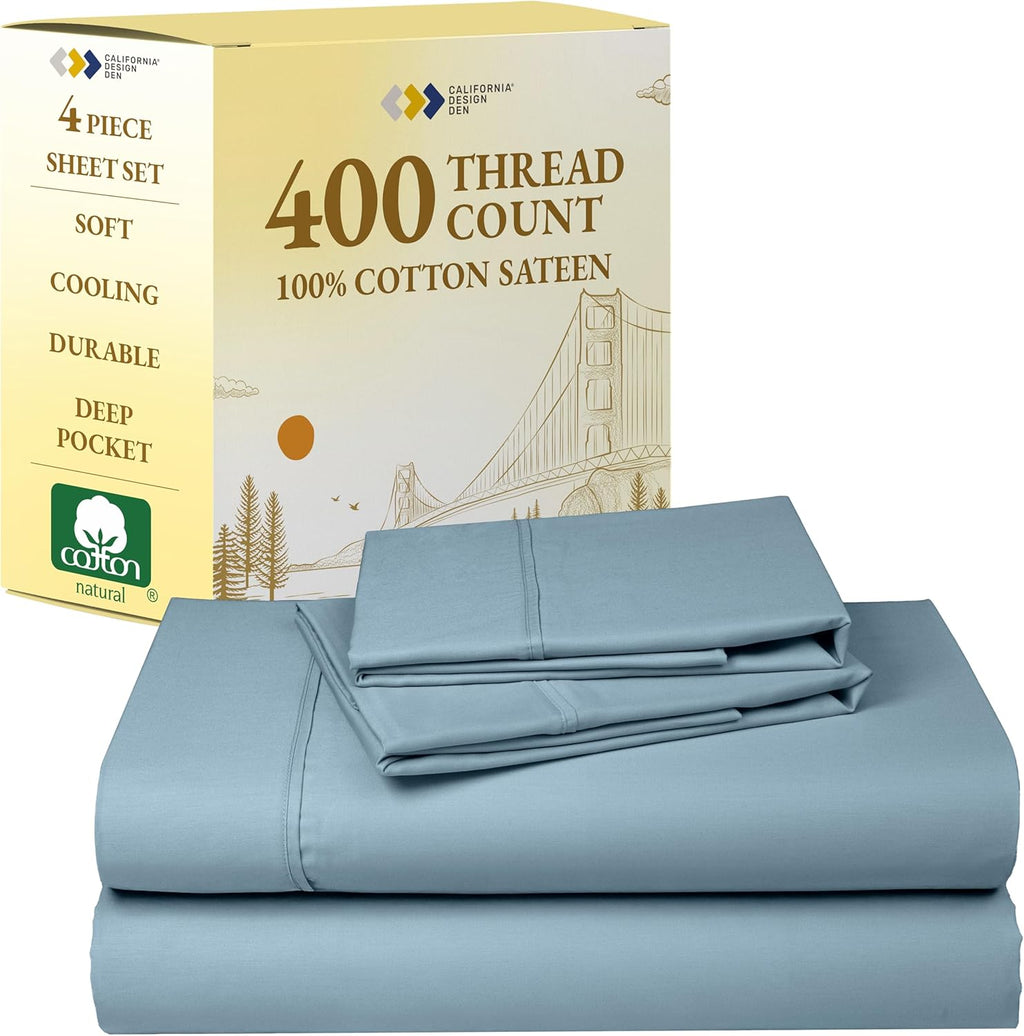 Queen Sheet Set - Soft 400 Thread Count Sateen, Natural 100% Cotton Sheets for Queen Size Bed, Deep Pockets for a Snug Fit, Durable Bedding - Sky Blue